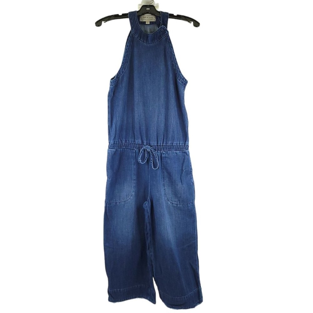 Cloth and Stone Blue Chambray Halter Mock Neck Denim Jumpsuit Womens S Wide Leg